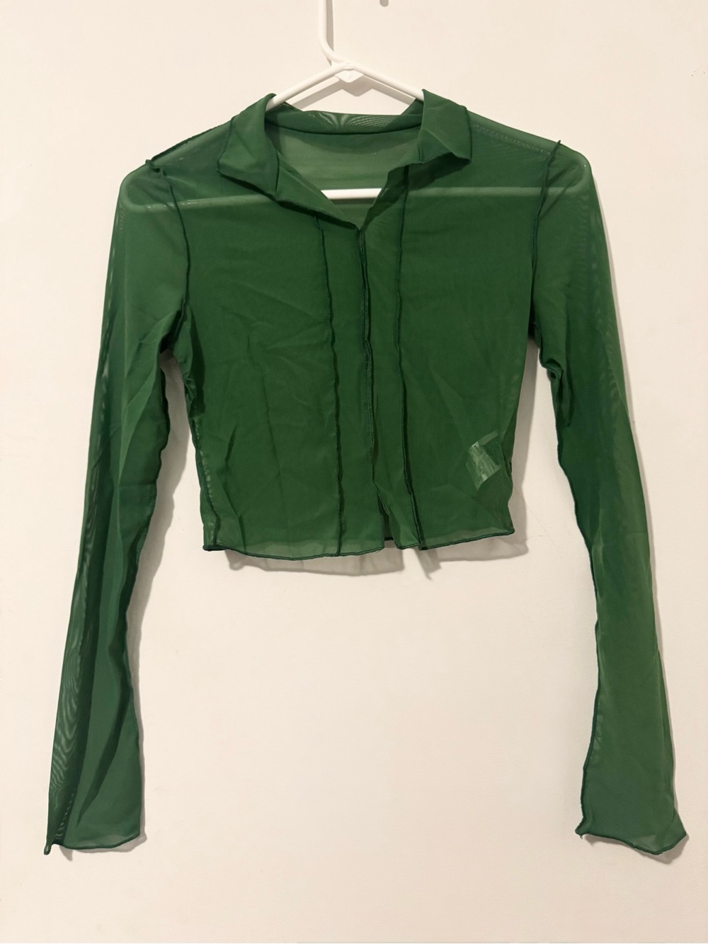 SHEIN Green Collared Sheer Long Sleeve Top